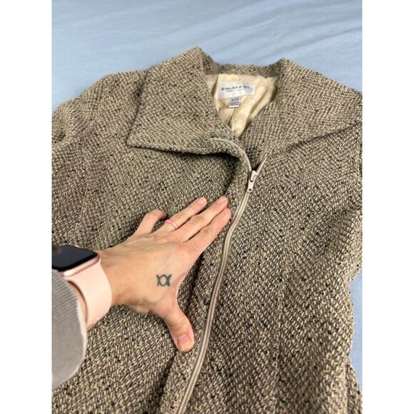 Emanuel Ungaro Wool Blend Tweed Jacket Size 8 Brown Black Asymmetrical Full Zip - Picture 3 of 7